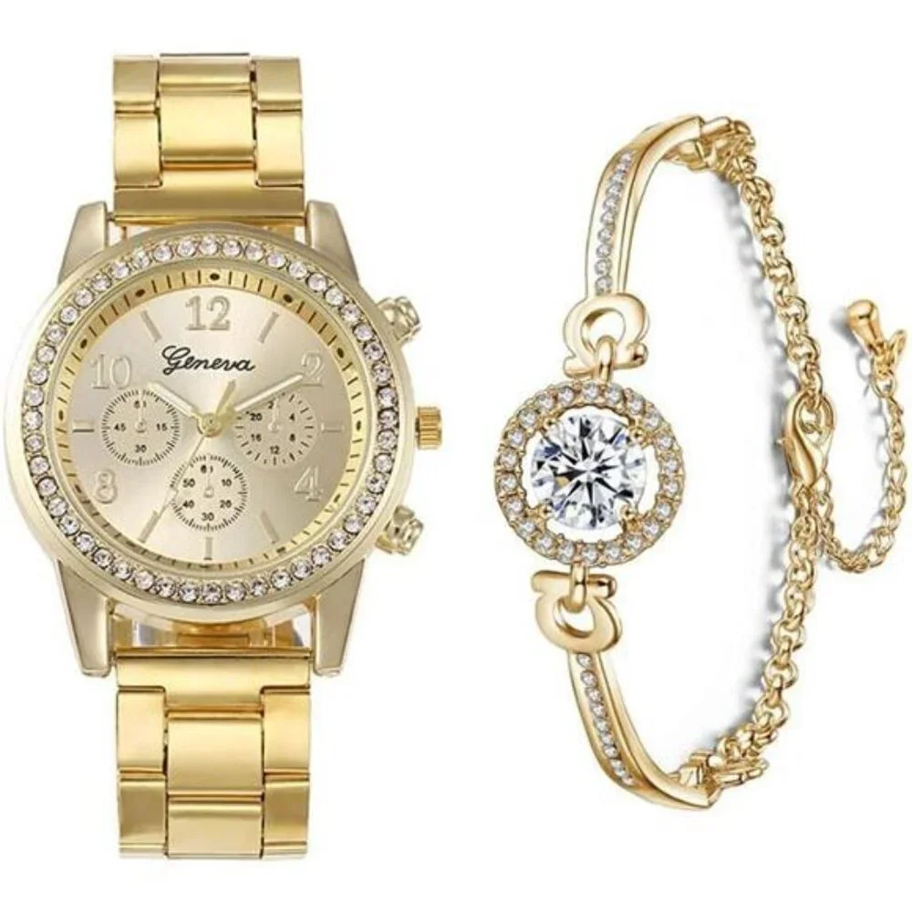 Luxury Women's Watch and Bracelet Sets – Elegant Timepiece with Crystal Accent